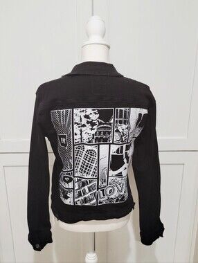 Blue Topic 'Girl Power' Black Stretch Denim Jacket w/White Graphics | Size XL